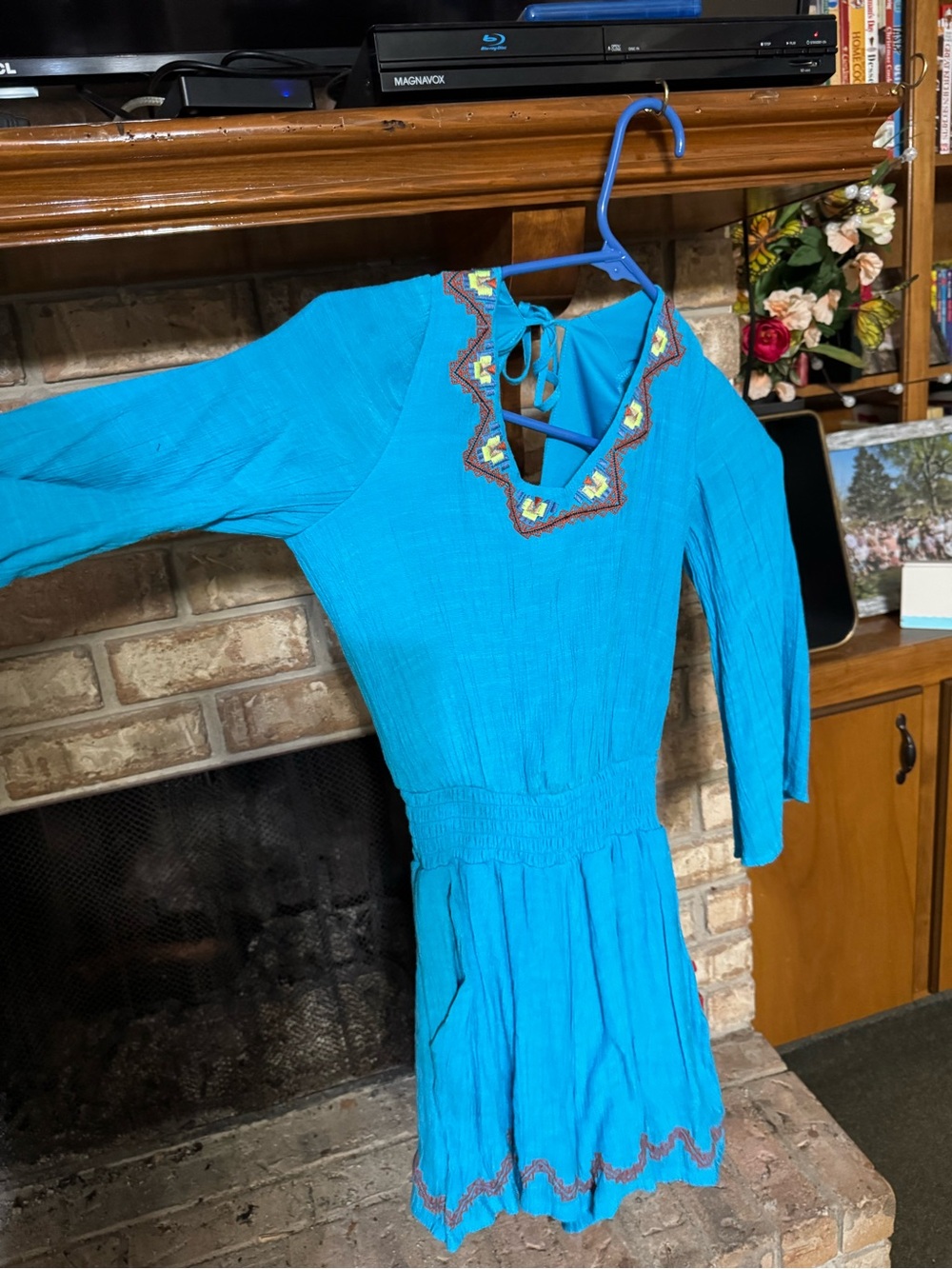 Turquoise Embroidered V-Neck Boho Dress